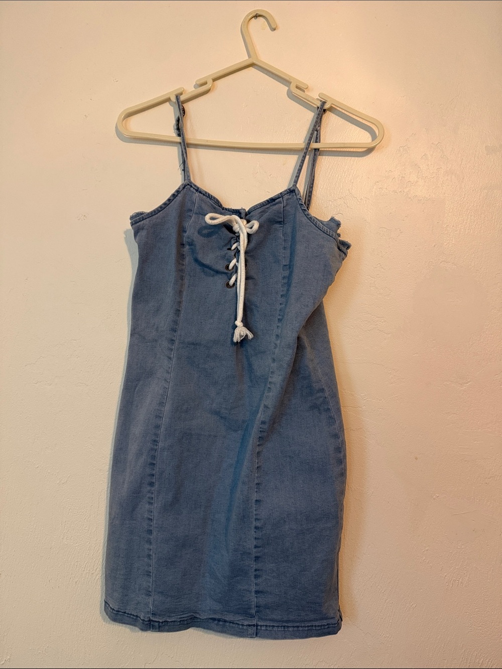 Casual Denim Lace-Up Spaghetti Strap Bodysuit Dress in Blue